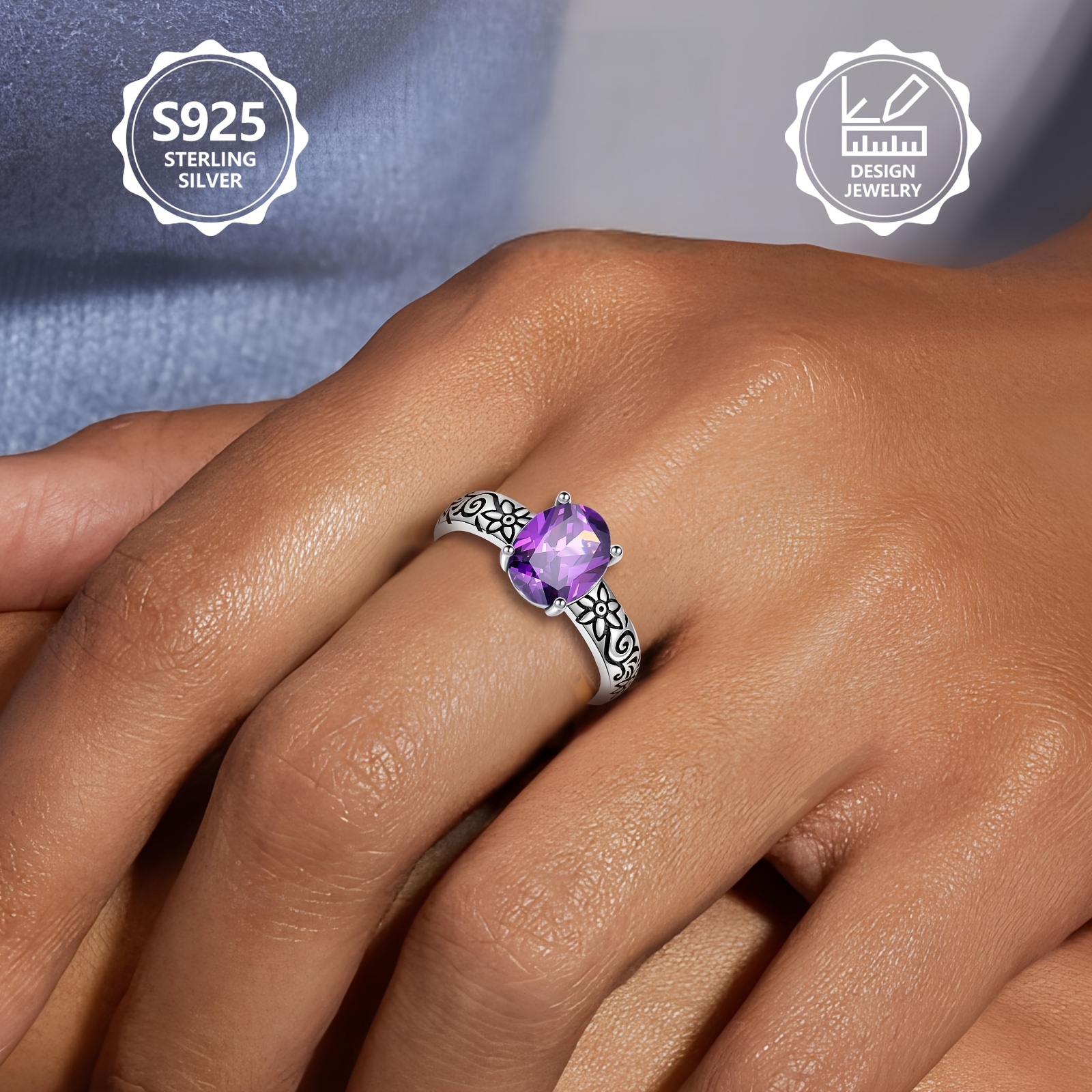 Women's 925 Sterling Silver Vintage Bohemian Oval Purple Zirconia Ring